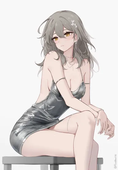 feintheart721, honkai (series), honkai: star rail, stelle (honkai: star rail), bare legs, bare shoulders, bare thighs, big breasts, blush, brown hair, crossed arms, crossed legs, long hair, miniskirt, sideboob, skirt, sleeveless dress, slim waist, teenager, tight clothing, tight fit, white hair