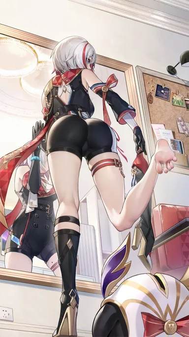 hle, le (huanglongen), honkai (series), honkai: star rail, topaz (honkai: star rail), ankle, ankles, armpits, ass, back, bare soles, barefoot, behind view, big ass, big breasts, blue eyes, boot, boots, boots removed, breasts, clothed, coin, detached sleeves, feet, feet fetish, feet focus, foot fetish, foot focus, gloves, knee, knees, long sleeves, mirror, one boot, one foot raised, painted nails, painted toenails, red hair, red streak, shorts, shouldes, soles, thick thighs, thigh bracelets, thigh strap, thighs, tight clothing, tight shorts, toenail polish, toenails, toes, toes spread, white hair, hi res, high resolution, highres