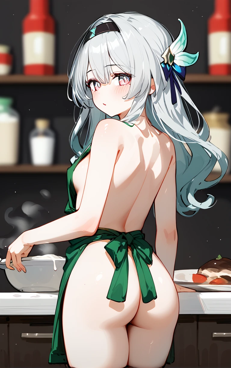 snowy yukino, honkai: star rail, hoyoverse, starbucks, firefly (honkai: star rail), areola slip, ass, ass focus, blush, from behind, implied lactation, naked apron, sideboob, ai generated