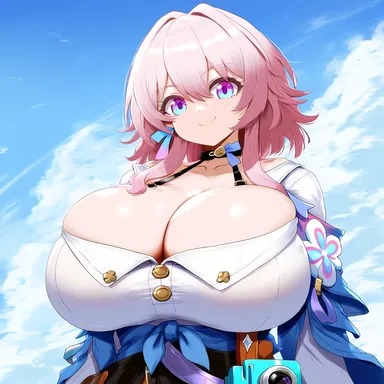 ameanon, honkai: star rail, mihoyo, march 7th (honkai: star rail), big breasts, breasts, cleavage, huge breasts, large breasts, looking at viewer, pink hair, smile, ai generated