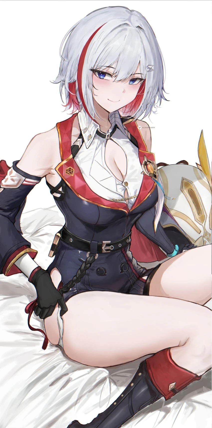 vloodozer, honkai: star rail, hoyoverse, topaz (honkai: star rail), big breasts, blue eyes, blush, bob cut, boots, gloves, looking at viewer, red hair, shorts, sitting, sleeveless, sleeveless shirt, slim waist, smile, smiling at viewer, thick thighs, tight clothing, tight fit, two tone hair, white hair, wide hips