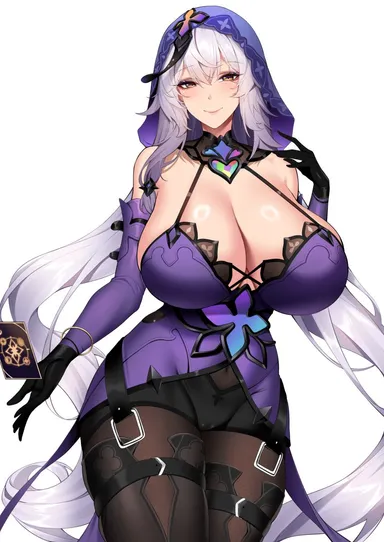 chixiao, honkai (series), honkai: star rail, black swan (honkai: star rail), 1girls, breasts, clothed, female, hips, huge breasts, light skin, light-skinned female, long hair, looking at viewer, massive breasts, naughty face, simple background, smile, thick thighs, thighs, white hair, wide hips, hi res