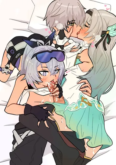 pocha, honkai (series), honkai: star rail, caelus (honkai: star rail), firefly (honkai: star rail), silver wolf (honkai: star rail), 1boy, 2girls, 2girls sharing, 2girls1boy, blowjob, blush, blushing, cum, cum in mouth, cum on face, grey hair, kissing, long hair, silver eyes, sunglasses, sunglasses on head, threesome, yellow eyes, tagme