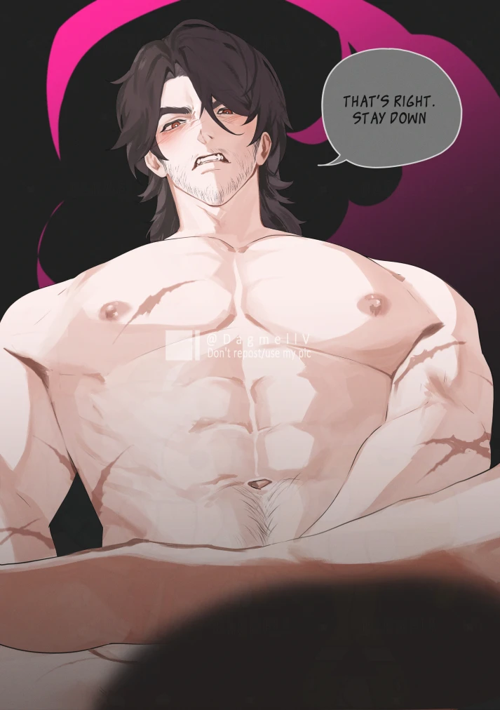 honkai: star rail, gallagher (honkai: star rail), bara, looking at viewer, male, male nipples, male only, manly, mature male, muscular male, nipples, nude