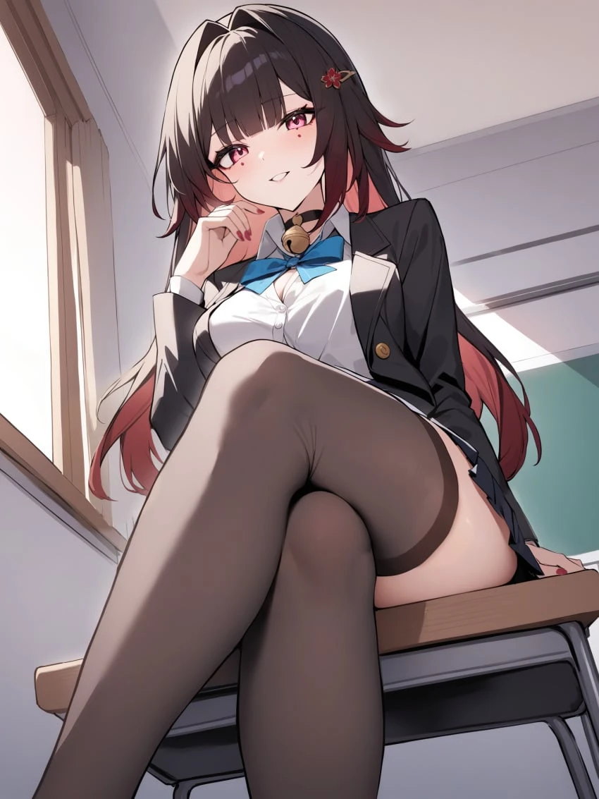 honkai: star rail, sparkle (honkai: star rail), 1girls, big breasts, brown hair, choker, clothing, legwear, long hair, naughty face, pink eyes, school uniform, seductive, skirt, teasing, thick thighs, voluptuous, ai generated, hi res