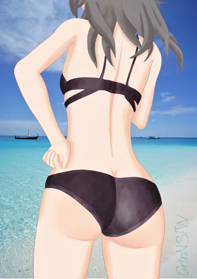 grinnsfw, honkai (series), honkai: star rail, stelle (honkai: star rail), ass, ass focus, beach, big ass, big butt, bikini, bikini bottom, bikini top, butt focus, ocean, panties, realistic breast size, realistic textures, sand, swimsuit