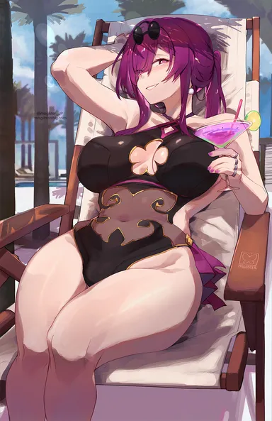 magister (bigbakunyuu), honkai (series), honkai: star rail, kafka (honkai: star rail), big breasts, curvy, holding drink, hourglass figure, huge breasts, looking at viewer, mature female, one-piece swimsuit, pale skin, pale-skinned female, ponytail, poolside, purple hair, sitting, sunglasses on head, swimsuit, thick thighs, wide hips