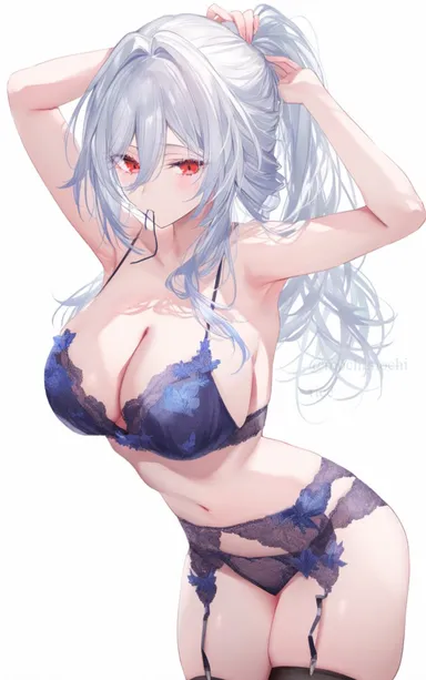 mochimochirice, honkai (series), honkai: star rail, jingliu (honkai: star rail), 1girls, bra, female, female focus, female only, garter belt, garter straps, hands behind head, holding, holding hair, holding object, lace, lace trim, lace-trimmed bra, lace-trimmed panties, lace-trimmed thighhighs, large breasts, light skin, light-skinned female, long hair, looking at viewer, object in mouth, panties, ponytail, posing, red eyes, underwear, white hair, wide hips, ai generated, tagme