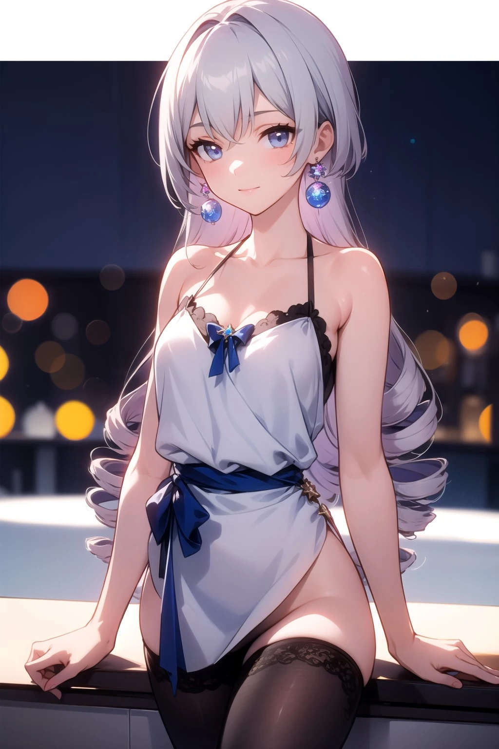 honkai: star rail, bronya rand, 1girls, bare arms, bare shoulders, black legwear, black thighhighs, blue eyes, blue ribbon, blush, city lights, drill hair, earrings, grey hair, light skin, light-skinned female, lingerie, long hair, looking at viewer, medium breasts, no panties, shiny skin, silver hair, smile, solo, thighhighs, thighs, ai generated