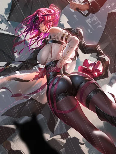 liang xing, honkai: star rail, kafka (honkai: star rail), ass focus, big ass, big breasts, curvaceous, hourglass figure, looking back, purple hair, rain, shirt, sunglasses, sunglasses on head, umbrella, tagme