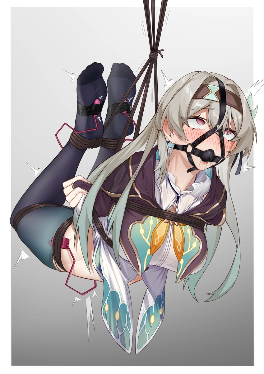 honkai (series), honkai: star rail, firefly (honkai: star rail), ball gag, blush, bondage, bound, dildo gag, embarrassed, gag, gagged, gray hair, rope, suspended, suspended in midair, thighhighs, tickling, tied up, vibrator, vibrator in pussy, vibrator in thighhighs, vibrator on feet