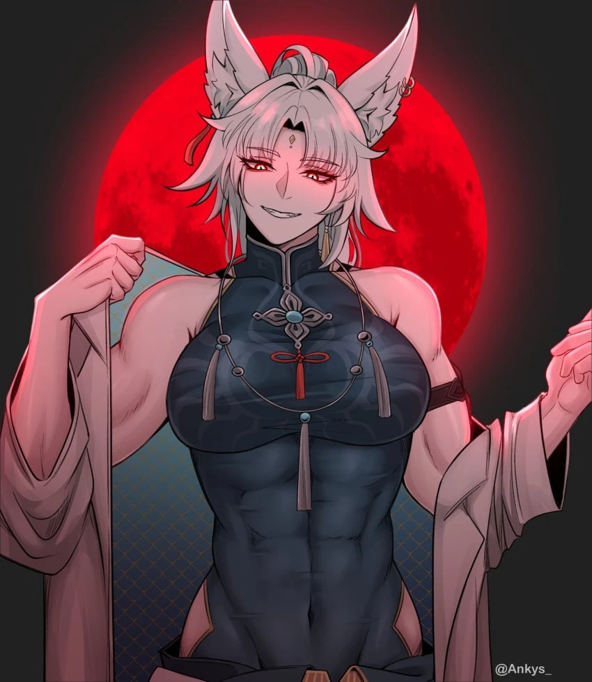 honkai (series), honkai: star rail, hoyoverse, feixiao (honkai: star rail), blood moon, fox, fox ears, foxgirl, muscular, muscular female, red eyes, smile, smiling, stripping