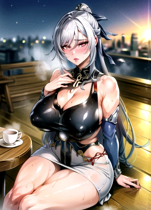 qqitu, honkai: star rail, jingliu (honkai: star rail), 1girls, cleavage, dress, hair ornament, large breasts, red eyes, sitting, table, thick thighs, white hair, absurd res, ai generated, stable diffusion