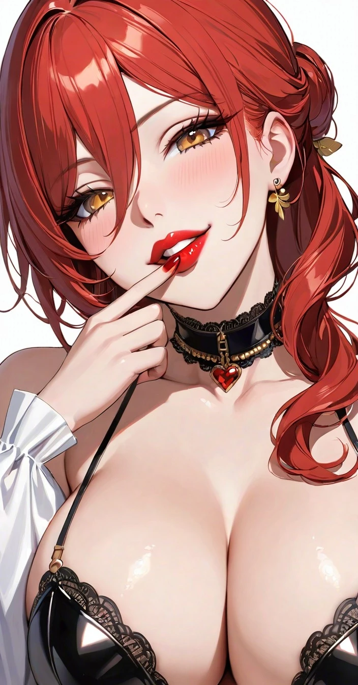 lia the busty redhead, honkai (series), honkai: star rail, hoyoverse, himeko (honkai: star rail), 1girls, bare shoulders, big breasts, black bra, black lingerie, black underwear, blush, bra, breasts, bust, busty, choker, cleavage, close-up, collar, collarbone, ear, earrings, eyebrows, eyebrows visible through hair, eyelashes, eyeshadow, female, female focus, female only, finger on lip, finger to mouth, fingernails, fingers, full lips, glossy lips, golden eyes, hair, hair behind ear, hair between eyes, heart symbol, huge breasts, jewelry, lace, lace bra, lace choker, lace trim, lace-trimmed bra, large breasts, leather collar, leather gloves, leather topwear, light skin, light-skinned female, lip gloss, lips, lipstick, long eyelashes, long hair, long lashes, looking at viewer, luscious lips, makeup, massive breasts, mature female, mature woman, mommy, nail polish, neckwear, off shoulder, red eyeshadow, red hair, red lipstick, red nail polish, red nails, seductive, seductive eyes, seductive gaze, seductive look, seductive pose, seductive smile, sleeves, smile, smiling, smiling at viewer, solo, solo female, solo focus, teeth visible, tied hair, underwear, wavy hair, white background, ai generated, commentary request, self upload, simple background, tagme