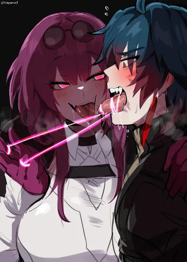 kurenaiz1, honkai (series), honkai: star rail, blade (honkai: star rail), kafka (honkai: star rail), blush, bondage, breasts, drooling, femdom, gloves, implied kiss, large breasts, long hair, malesub, pink eyes, pink hair, ropes, sunglasses, tongue bondage, tongue kiss