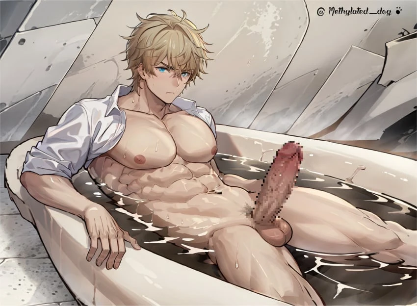 methylated dog, gepard (honkai: star rail), 1boy, abs, balls, bara, big balls, big penis, blonde hair, blue eyes, blush, cum, erection, gay, gay male, large pectorals, male, male focus, male nipples, male only, male pubic hair, muscle, muscular, muscular male, nude, pecs, pectorals, penis, solo, solo male, testicles, ai generated, censored