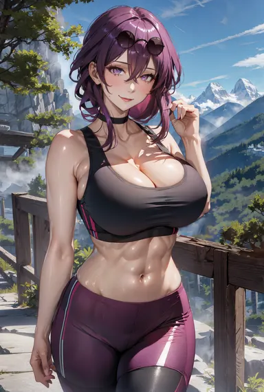 stable diffusion, honkai: star rail, kafka (honkai: star rail), 1girls, curvy female, curvy figure, eyewear on head, huge breasts, magenta hair, nature background, seductive look, solo female, solo focus, sunglasses on head, voluptuous female, ai generated