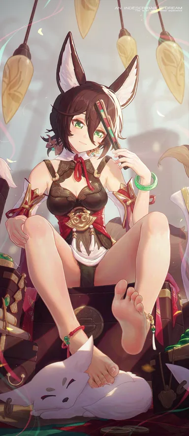 icecake, honkai (series), honkai: star rail, tingyun (honkai: star rail), 1girls, anklet, bangs, barefoot, bracelet, cleavage, clothed, clothing, feet, female, female only, foot fetish, fox, fox ears, fox girl, fox tail, green hair, hand fan, panties, sitting, soles, solo, solo female, toes, 2d, 2d (artwork), alternate version available, hi res, highres