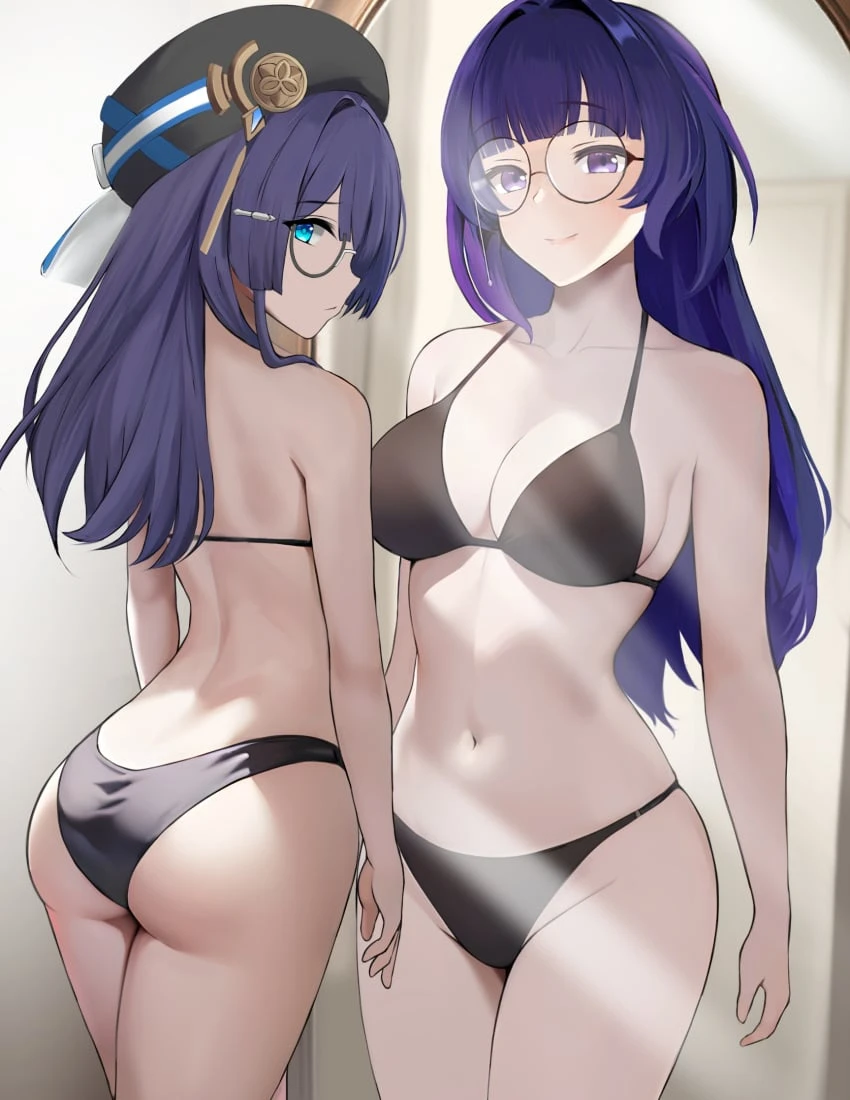 mikhdrag, honkai (series), honkai impact 3rd, honkai: star rail, mei (honkai impact 3rd), pela (honkai: star rail), 2girls, ass, beret, black bra, black panties, blue eyes, bra, breasts, cleavage, collarbone, different reflection, eyewear, from behind, glasses, hat, indoors, large breasts, light skin, light-skinned female, long hair, look-alike, looking at viewer, looking back, mirror, multiple girls, navel, panties, purple eyes, purple hair, semi-rimless eyewear, sideboob, standing, stomach, underwear, hi res