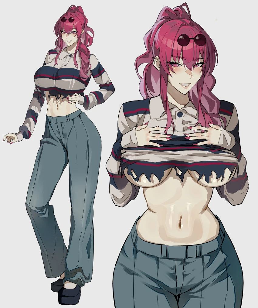 celyn404, uyzoc, honkai (series), honkai: star rail, kafka (honkai: star rail), black footwear, blush, breasts, collared shirt, crop top, eyewear on head, female, long hair, long sleeves, looking at viewer, navel, pants, purple eyes, purple hair, round eyewear, shirt, solo, sunglasses, absurdres, highres