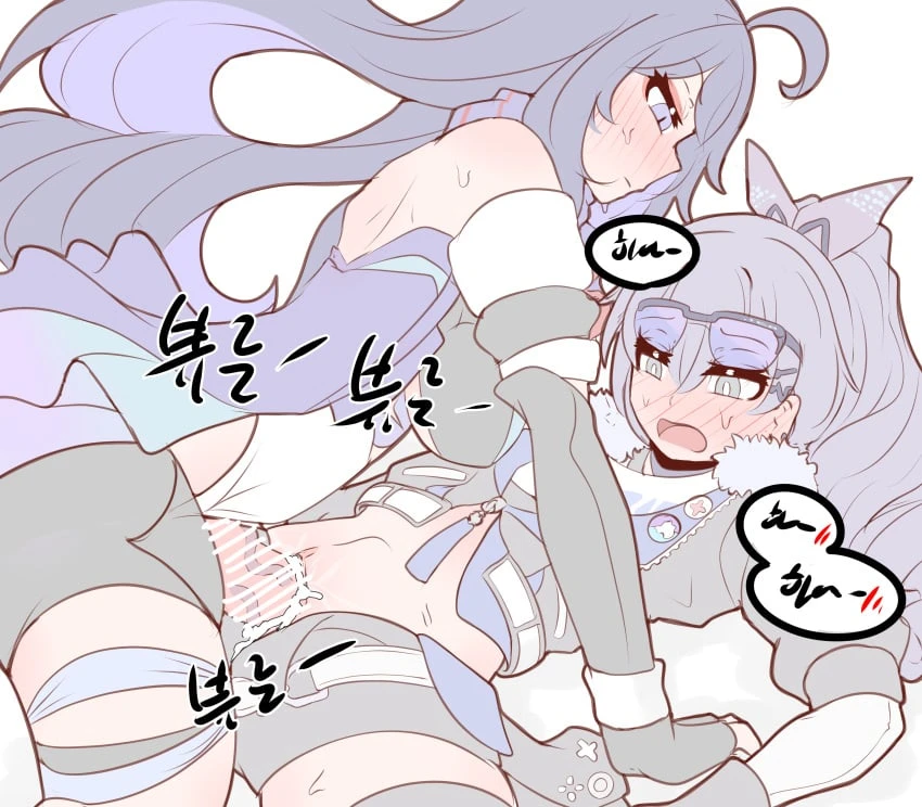 physisyoon, honkai (series), honkai: star rail, seele (honkai: star rail), silver wolf (honkai: star rail), 1futa, 1girls, ahoge, big penis, black gloves, black jacket, black shorts, blush, breasts, closed mouth, clothed, clothed sex, clothing, cum, cum in pussy, cum overflow, duo, ejaculation, erection, eyewear on head, female, fur trim, fur-trimmed jacket, futa on female, futa with female, futanari, gloves, grey eyes, grey hair, hair between eyes, human, jacket, light skin, light-skinned female, light-skinned futanari, long hair, lying, missionary, mostly clothed, multiple girls, on back, open mouth, orgasm, penis, purple eyes, purple hair, pussy, sex, shorts, simple background, sunglasses on head, vaginal penetration, white background, absurdres, bar censor, censored, highres, speech bubble