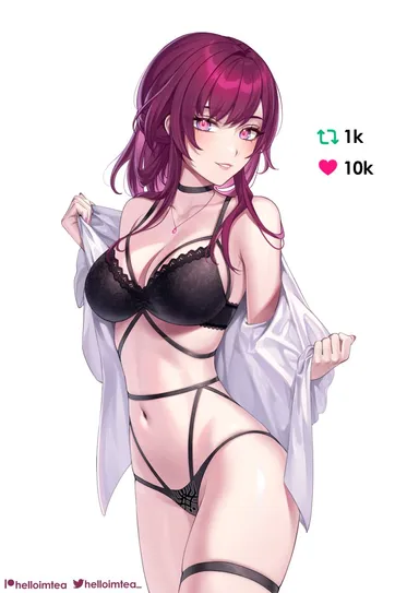 helloimtea, honkai: star rail, kafka (honkai: star rail), 1girls, big breasts, female only, lingerie, looking at viewer, purple eyes, red hair, shirt