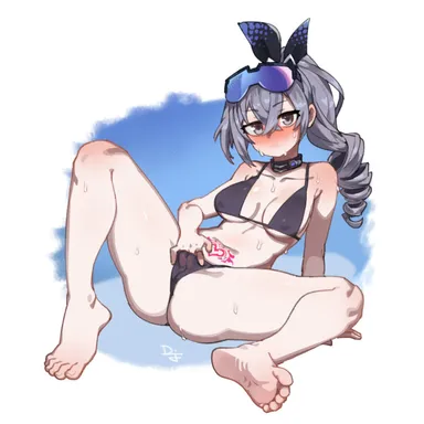 difman, difmanm, honkai (series), honkai: star rail, silver wolf (honkai: star rail), arm support, barefoot, bikini, black bikini, blush, breasts, closed mouth, collarbone, drill ponytail, feet, female, fingering, fingering self, goggles, goggles on head, grey eyes, grey hair, hair between eyes, knee up, legs, long hair, looking at viewer, masturbation, medium breasts, navel, pussy, soles, stomach tattoo, sweat, swimsuit, tattoo, toenails, toes, highres, uncensored