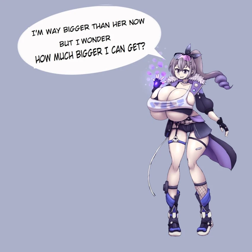 metachoke, honkai: star rail, silver wolf (honkai: star rail), breast expansion, bursting breasts, bursting clothes, expansion sequence, gigantic breasts, hyper breasts, skindentation, english text, sequence, speech bubble, text