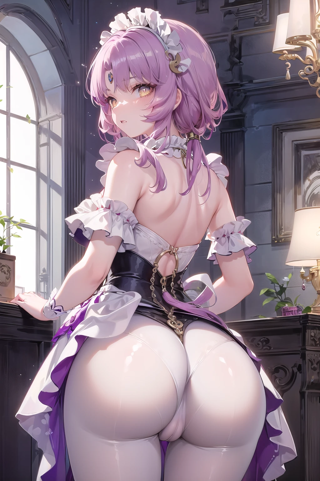 honkai: star rail, fu xuan (honkai: star rail), alternate costume, ass focus, bare shoulders, blush, breasts, cameltoe, detached sleeves, female, forehead jewel, from behind, gloves, huge ass, large breasts, long hair, looking at viewer, looking back, maid, maid headdress, pantyhose, pink hair, shiny, shiny clothes, shiny hair, shiny skin, sideboob, skirt, solo, yellow eyes, ai generated