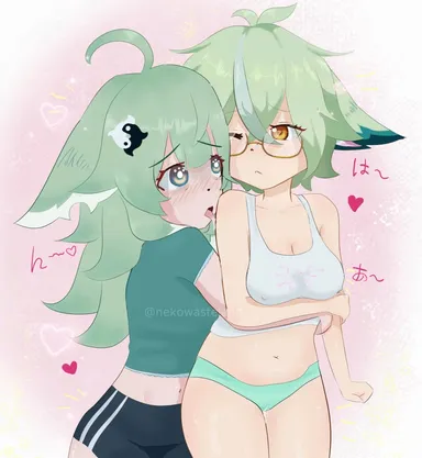 genshin impact, honkai: star rail, huohuo (honkai: star rail), sucrose (genshin impact), clothed, cute, drooling, fox, fox ears, glasses, green hair, hugging from behind, kemonomimi, licking, pajamas, sleepover, spit, sweat, yuri