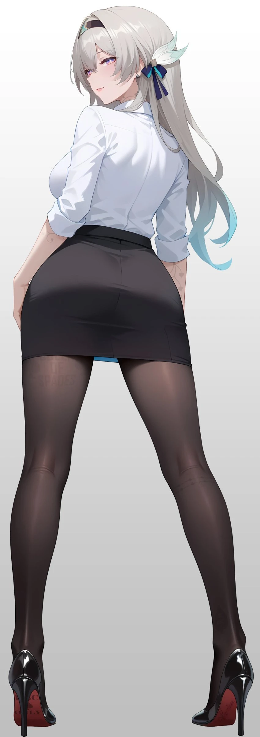 honkai: star rail, firefly (honkai: star rail), clothing, female, female only, fully clothed, heels, high heels, miniskirt, office lady, queen of spades, snowbunny, solo female, tattoo