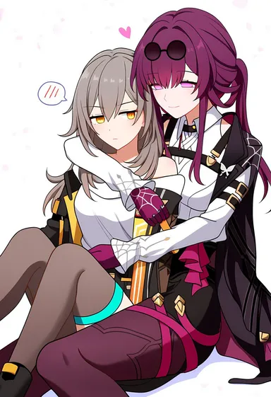 honkai: star rail, kafka (honkai: star rail), stelle (honkai: star rail), 2girls, embarrassed, hugging from behind, jacket, love heart, sitting on lap, sunglasses, thigh strap, yuri, ai generated, novelai