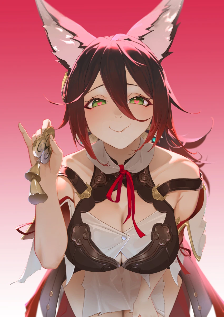 serelith, honkai: star rail, tingyun (honkai: star rail), 1girls, bare shoulders, bell, bent over, big breasts, brown hair, cleavage, fox ears, fox girl, gradient background, green eyes, hair between eyes, heart-shaped pupils, long hair, looking at viewer, red hair, seductive, simple background, skin fang, smile, solo, thighs, hi res