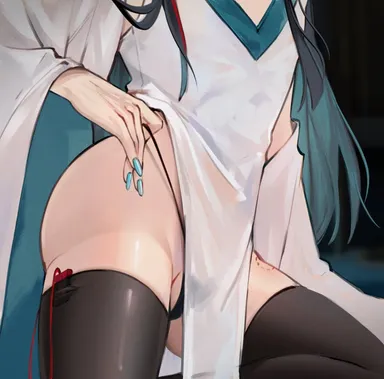 honkai: star rail, dan heng, dan heng (imbibitor lunae), 1boy, ass, bite mark, face out of frame, gay, long fingernails, long hair, nails, out of frame, solo, solo focus, stockings, thighs, thong, vibrator controller, wide hips, tagme