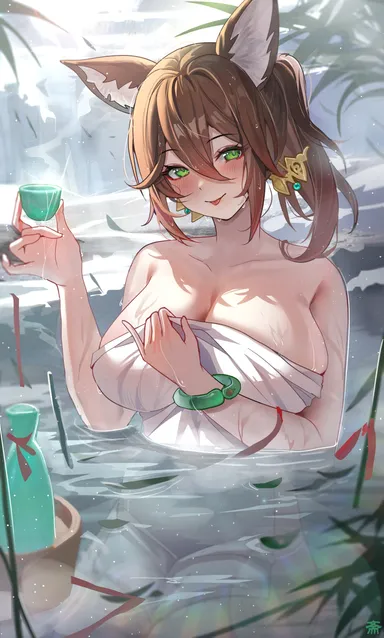 tansuan, honkai: star rail, tingyun (honkai: star rail), bathing, big breasts, bracelet, brown hair, covering breasts, drink, fox ears, green eyes, hair ornament, holding object, huge breasts, ponytail, smile