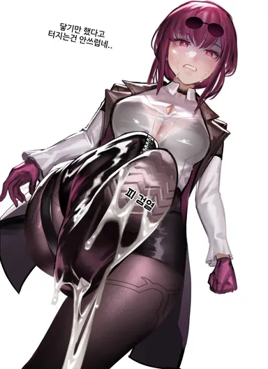 kidmo, honkai (series), honkai: star rail, kafka (honkai: star rail), black bra, boots, bra, breasts, cleavage, clenched hand, clenched teeth, cum, cum on body, cum on feet, dutch angle, eyewear on head, facial, female, gloves, leg up, pantyhose, purple eyes, purple gloves, purple hair, purple pantyhose, see-through, shaded face, simple background, solo, sunglasses, teeth, underwear, white background, absurdres, highres, korean text, translation request