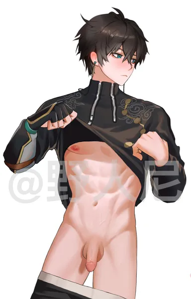 huahua123569, honkai (series), honkai: star rail, dan heng, 1boy, aqua eyes, black hair, black shirt, closed mouth, clothes lift, clothes pull, earrings, gloves, jewelry, long sleeves, male focus, male only, male underwear, muscular, muscular male, navel, nipples, pants, pants pull, penis, shirt, shirt lift, short hair, solo, stomach, testicles, underpec, underwear, white background, highres, uncensored