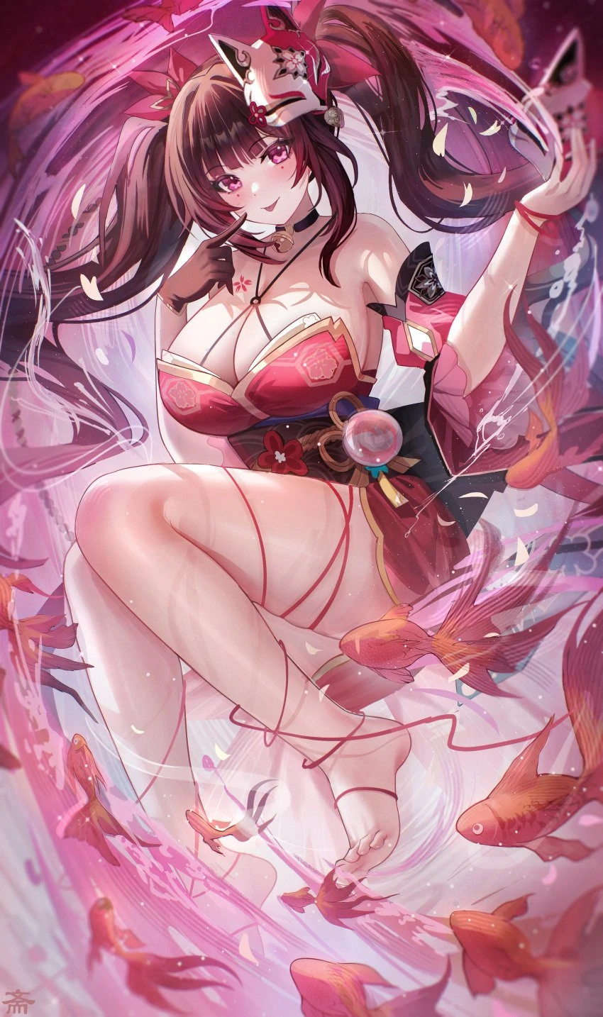 honkai: star rail, sparkle (honkai: star rail), :p, barefoot, blush, choker, cleavage, feet, goldfish, huge thighs, large breasts, revealing clothes, teasing, thick thighs, wide hips, not porn, watermark