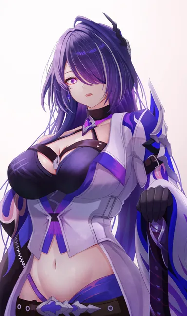 penguintake, honkai (series), honkai: star rail, acheron (honkai: star rail), 1girl, 1girls, big breasts, large breasts, long hair, looking at viewer, mommy, purple hair, revealing clothes