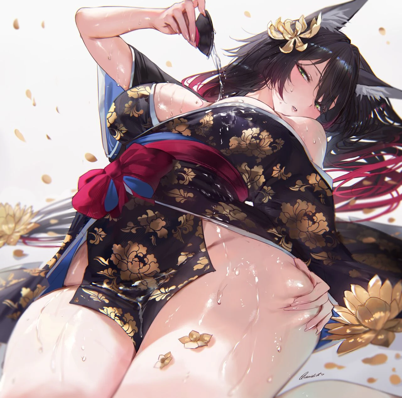 qiandaiyiyu, honkai: star rail, tingyun (honkai: star rail), 1girls, animal ears, black hair, clothed, female, female focus, female only, green eyes, lying down, lying on back, pleasure face, pouring, pouring on breasts, pouring on self, pouring onto self, solo, solo female, solo focus