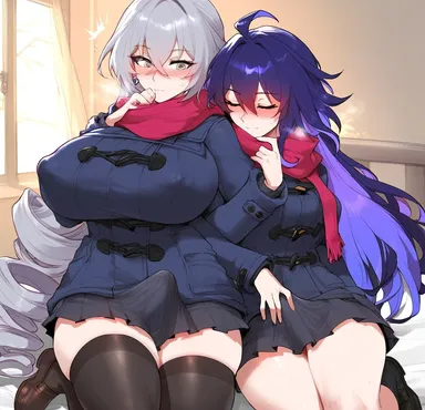 honkai (series), honkai: star rail, bronya rand, seele (honkai: star rail), 2girls, ahoge, bangs, black footwear, black legwear, blush, breasts, bulge, bulge through clothing, closed eyes, embarrassed, eyebrows visible through hair, futanari, grey eyes, grey hair, hair between eyes, huge breasts, long hair, multiple girls, pleated skirt, red scarf, scarf, shoes, skirt, sleeping, thick thighs, thighhighs, thighs, very long hair, ai generated