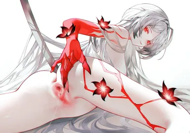 iumu, honkai (series), honkai: star rail, acheron (honkai: star rail), anus, ass, body markings, breasts, closed mouth, colored extremities, completely nude, feet out of frame, female, flower, glowing, glowing eyes, large breasts, long hair, looking at viewer, lying, nude, official alternate color, on stomach, planted, planted sword, pussy, pussy juice, red eyes, red flower, red hands, solo, spread pussy, sword, very long hair, weapon, white background, white hair, commentary request, highres, paid reward available