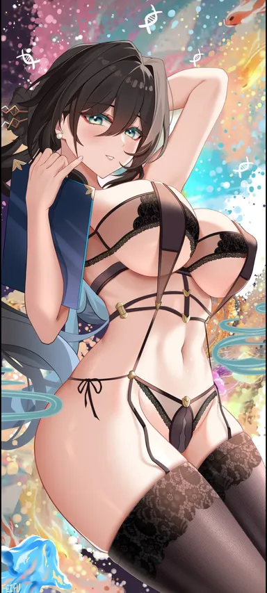 honkai (series), honkai: star rail, hoyoverse, ruan mei (honkai: star rail), aqua eyes, arm up, black bra, black hair, black panties, black thighhighs, bra, breasts, cowboy shot, feifu, female, general, hair intakes, hand up, holding, large breasts, lingerie, long hair, looking at viewer, navel, panties, parted lips, side-tie panties, solo, stomach, thighhighs, thighs, underwear