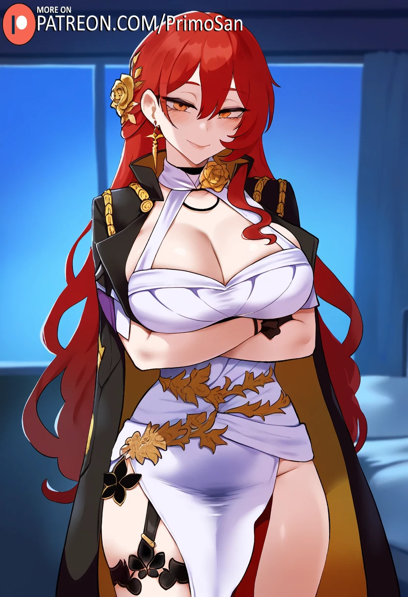 primosan, honkai: star rail, himeko (honkai: star rail), crossed arms, dress, large breasts, long hair, looking at viewer, mature female, red hair, smile, standing, white dress, yellow eyes, ai generated