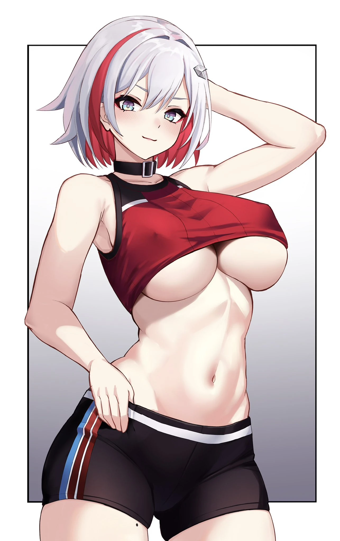 yan kodiac, honkai (series), honkai: star rail, topaz (honkai: star rail), 1girls, female, female only, mole on thigh, red highlights, silver hair, solo, underboob, tagme