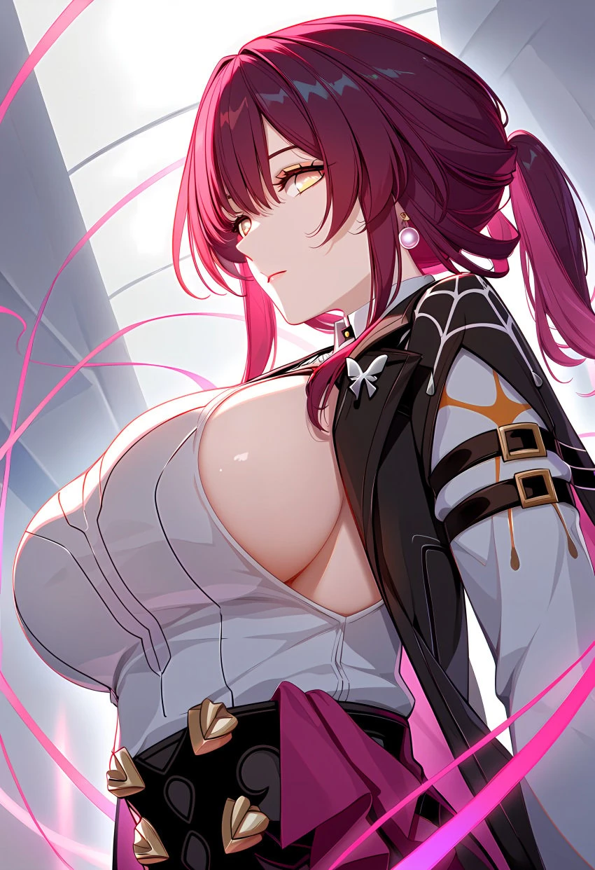 límíng zhī xià, honkai: star rail, hoyoverse, pixiv, kafka (honkai: star rail), big breasts, brown eyes, earrings, glowing eyes, long hair, long sleeves, looking at viewer, purple hair, sideboob, slim waist, tied hair, viewed from below, ai generated, portrait