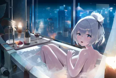 artist request, honkai (series), honkai: star rail, hoyoverse, firefly (honkai: star rail), 1girls, bare thighs, bath, bathing, breasts, embarrassed, female, looking at viewer, looking back, naked, naked female, nude, nude female, sideboob, solo, thighs