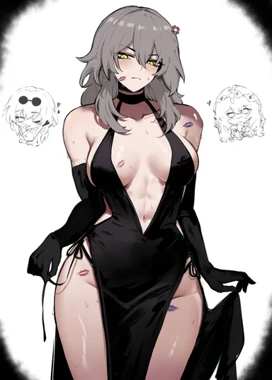 masoq095, honkai: star rail, hoyoverse, mihoyo, stelle (honkai: star rail), 1girls, annoyed, armwear, bare shoulders, belly, belly button, big breasts, blush, busty, child bearing hips, female, female only, grey hair, hips, kiss mark, kiss marks, large breasts, light skin, light-skinned female, lipstick mark, lipstick marks, mostly clothed, revealing clothes, slutty outfit, thick, thick thighs, thighs, tummy, wide hips, yellow eyes