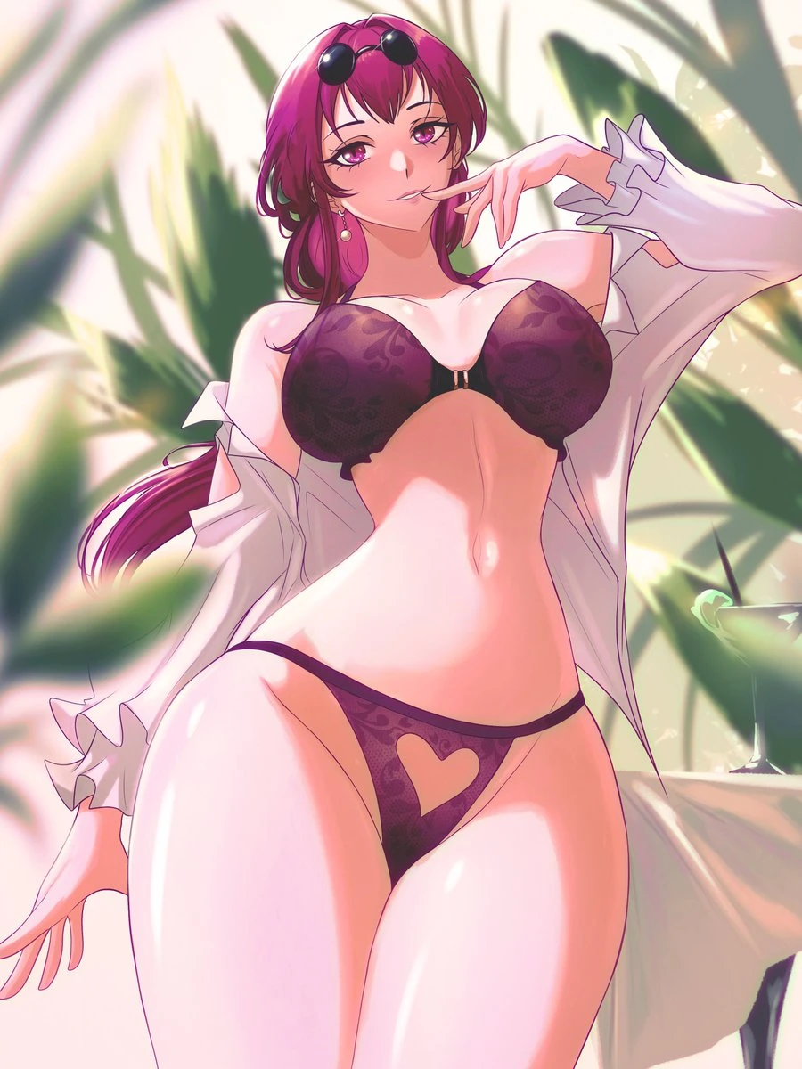 opalisart, honkai (series), honkai: star rail, kafka (honkai: star rail), 1girls, bare legs, bare shoulders, bare thighs, belly, belly button, big breasts, bra, curvy, curvy figure, ear piercing, headwear, heart cutout, hips, jewelry, large breasts, light skin, light-skinned female, long hair, looking at viewer, panties, purple eyes, purple hair, smile, smiling at viewer, sunglasses, thighs, voluptuous, voluptuous female, 2023, fanart