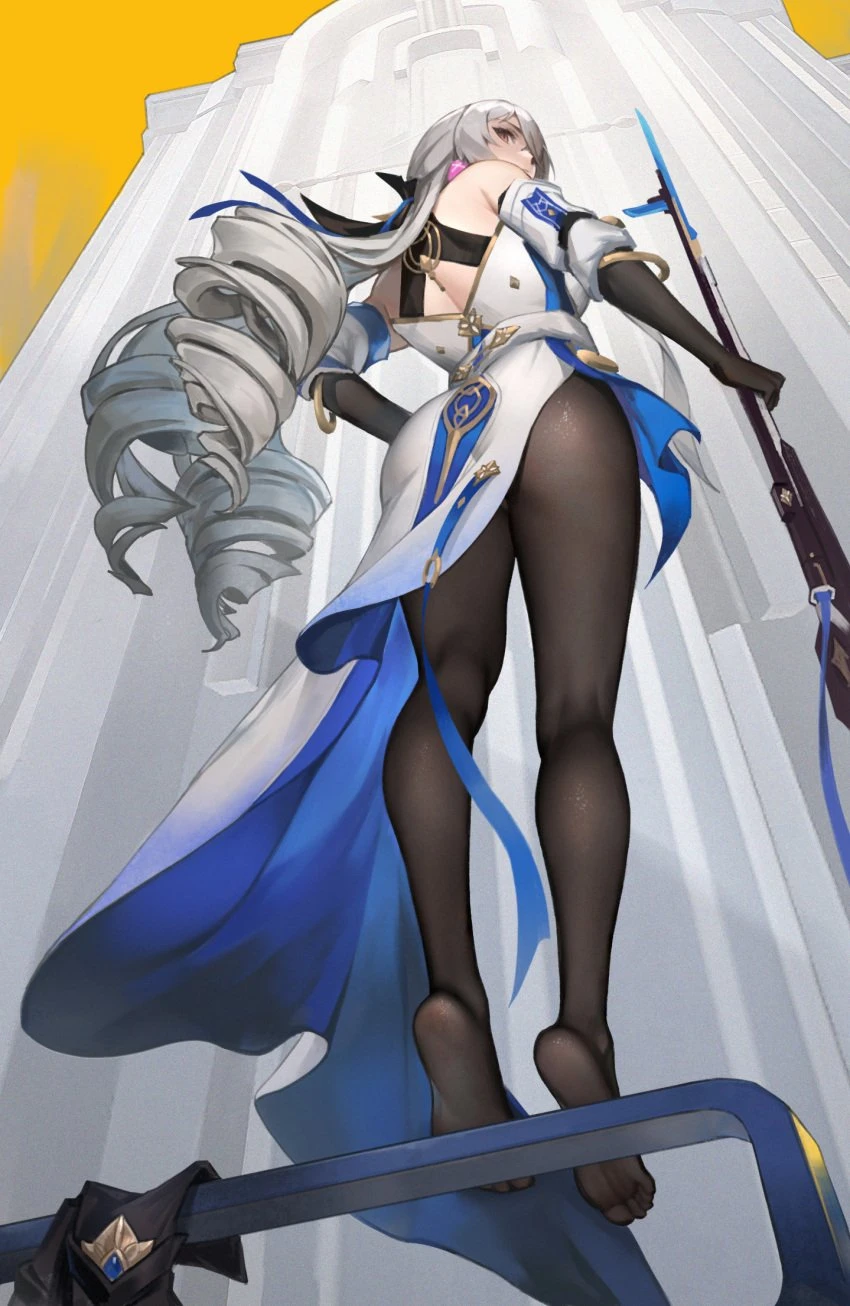 hle, honkai (series), honkai: star rail, bronya rand, ass, ass focus, bare back, bare shoulders, big ass, feet, holding weapon, light skin, light-skinned female, long hair, looking at viewer, looking back, standing, thighs, very long hair, weapon, white hair